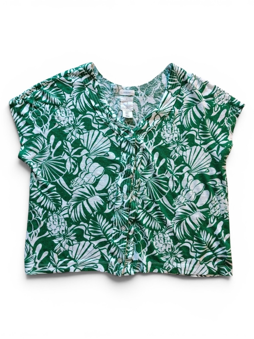 Joie Women's 100% Linen Tropical Cropped Button Down Top Size M Summer Fun